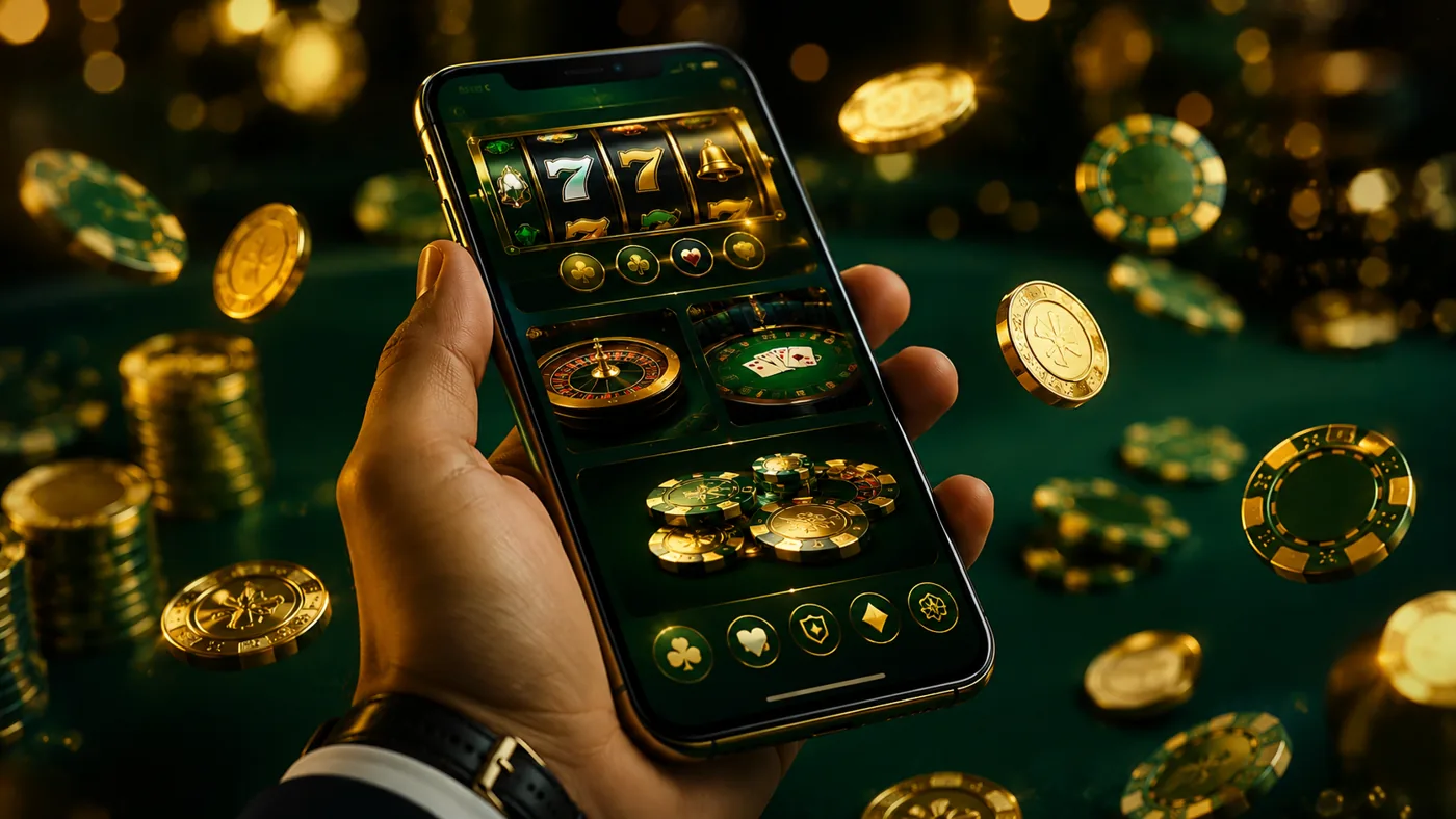 App mobile MaChance per iOS e Android — smartphone con interfaccia casinò dorata e fiches verdi
