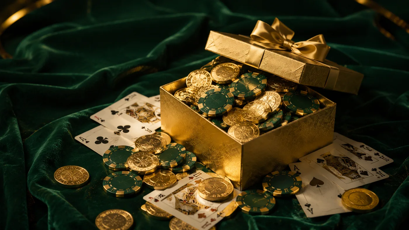 Bonus benvenuto MaChance 1500 euro — pacchetto regalo dorato con monete d'oro e fiches da casinò