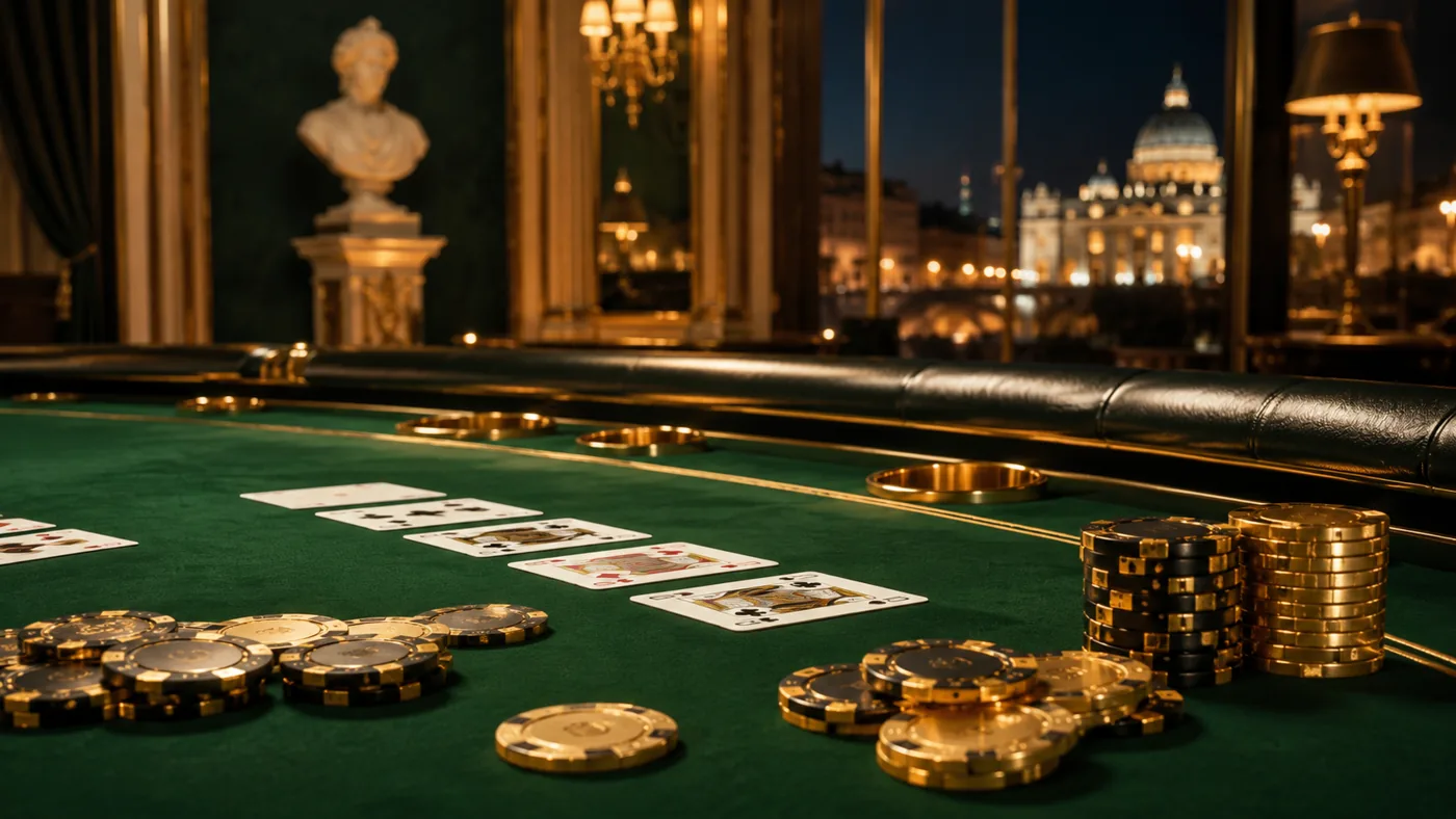 MaChance casinò online Italia — tavolo verde con carte, fiches d'oro e atmosfera notturna elegante