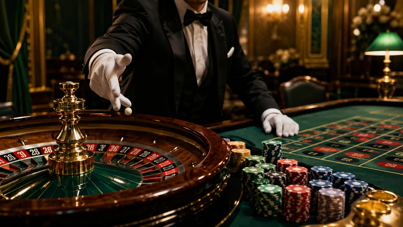 Casinò live MaChance — tavolo di roulette con croupier elegante e pallina in lancio, fiches dorate