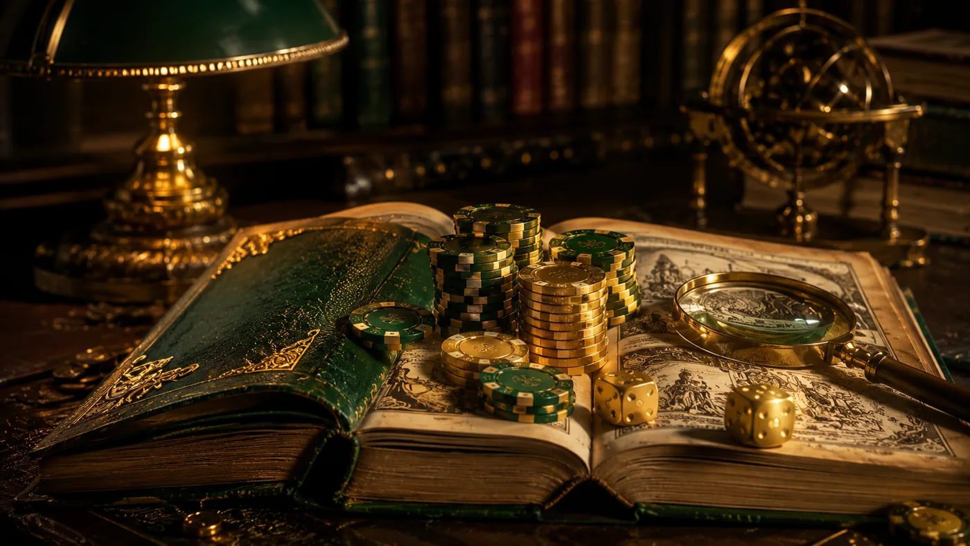 Guida MaChance per principianti — libro antico aperto con fiches da casinò, dadi dorati e lente d'ingrandimento