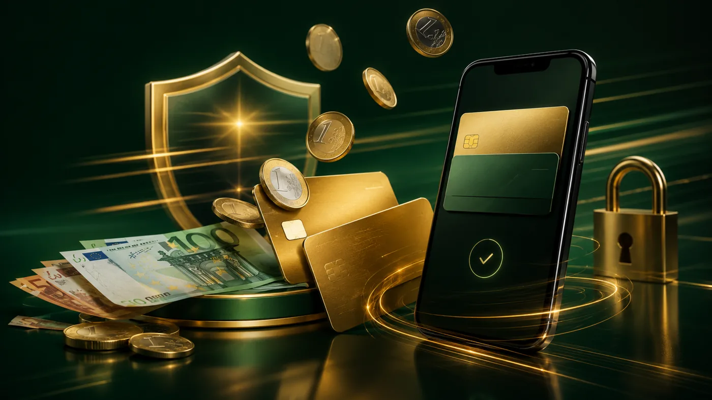 Pagamenti MaChance — carte di credito dorate, monete d'euro e smartphone con app di portafoglio digitale